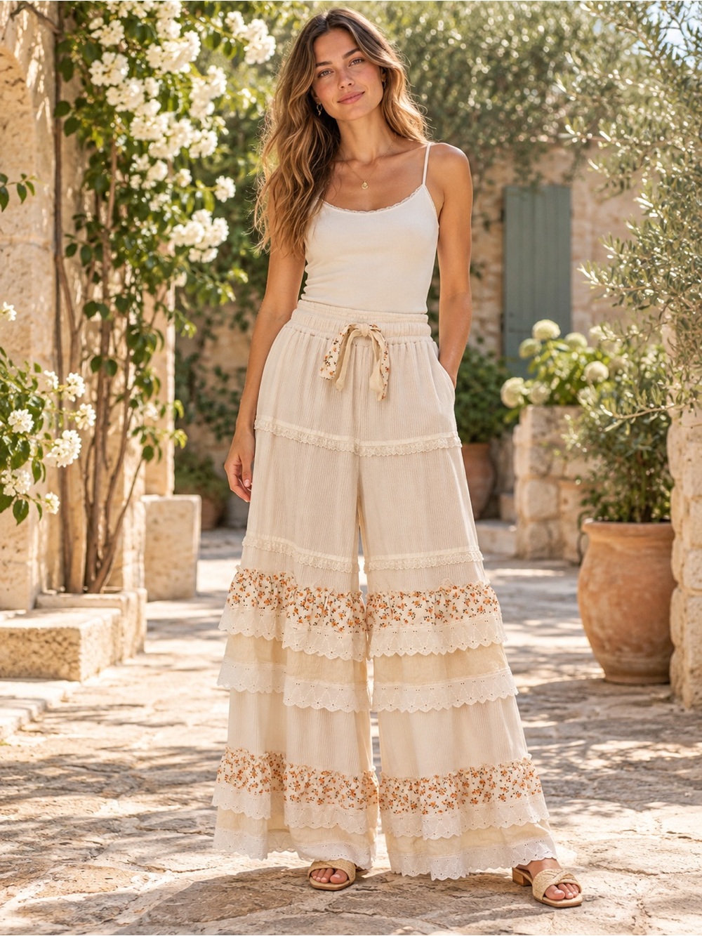 POL Cream Tiered Wide-Leg Pants with Floral Trim